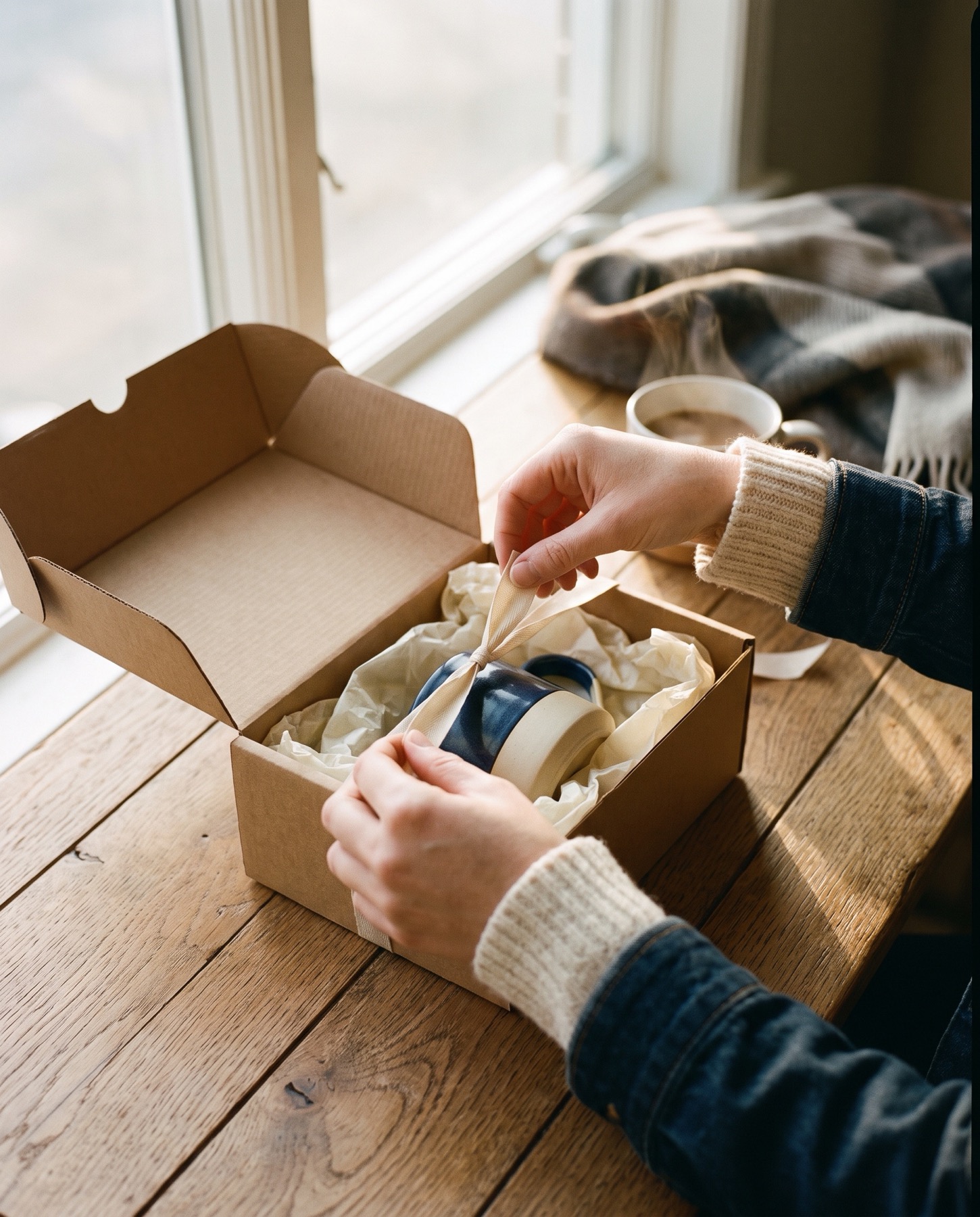Hands opening a carefully packed parcel by a window